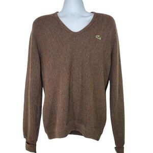 Izod Lacoste Mens Large Sweater Brown Pullover V Neck Retro 80s 1980s Vintage
